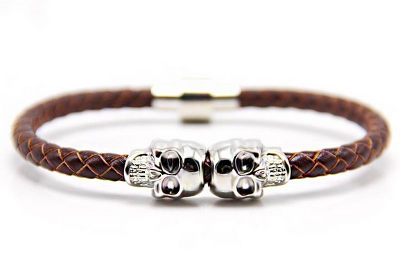 Brown Leather’n Silver Skull Bracelet