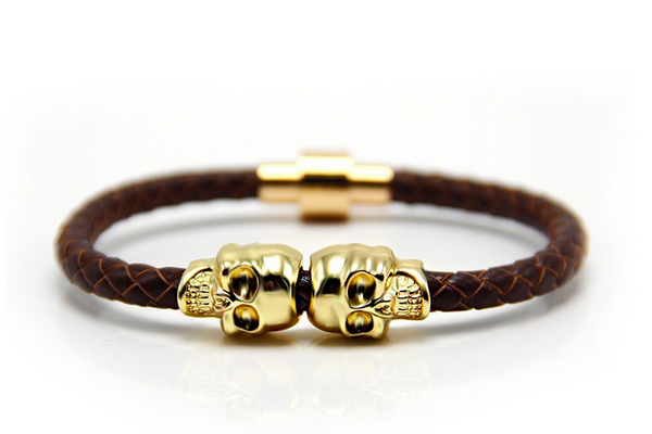 Brown Leather’n Gold Skull Bracelet