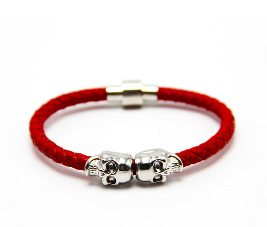 Red Leather’n Silver Skull Bracelet